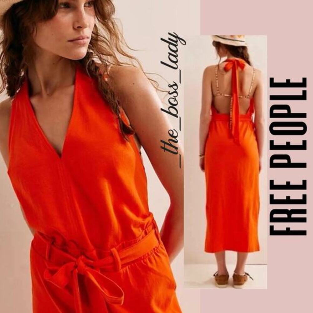 Free People dress midi halter slit open back belted cotton spring summer XS